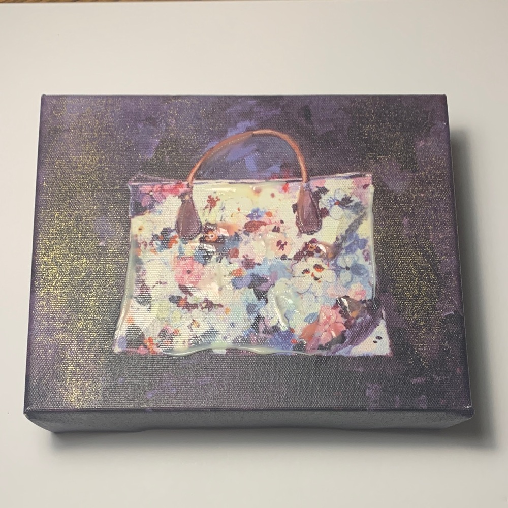 Floral Handbag Canvas Painting in Purple Pink Blue White with Gold details